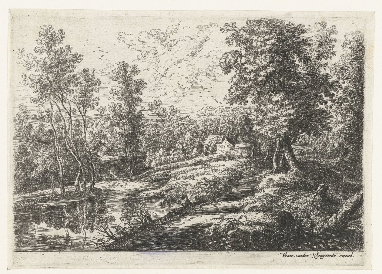 Landskab med huse og en kirke omgivet af en mur Fem landskaber (serietitel) af Lucas van Uden
