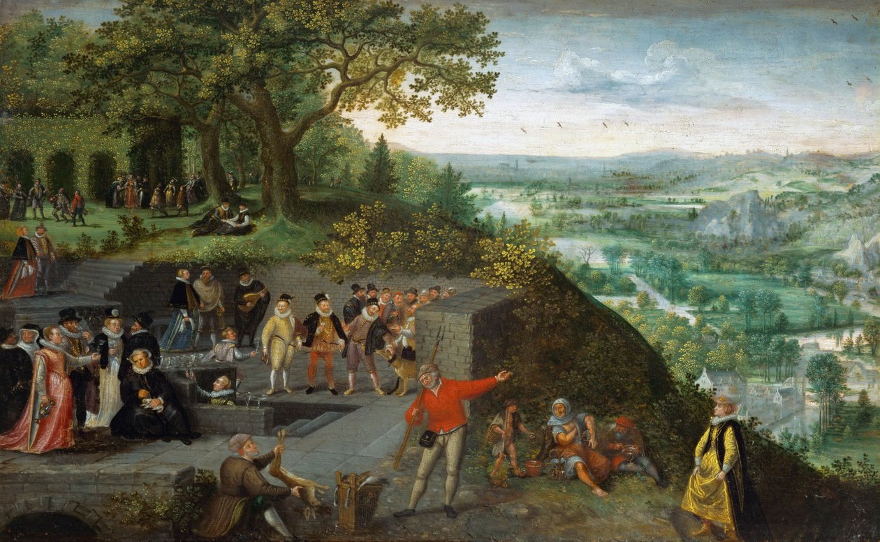 Tidlig nederlandsk kunst: Kejser Rudolf II (1552-1612) under en drikkekur - Kejser Rudolf II under en drikkekur af Valckenborch, Lucas, van (1530-1597), ca. 1594. Olie på træ, 25,4x40, 4. Kunsthistorisk Museum, Wien af Lucas van Valckenborch