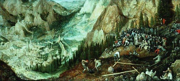 Landskab med Jerusalem, Kristus der bærer korset og forberedelser på Golgata-højen af Lucas van Valckenborch