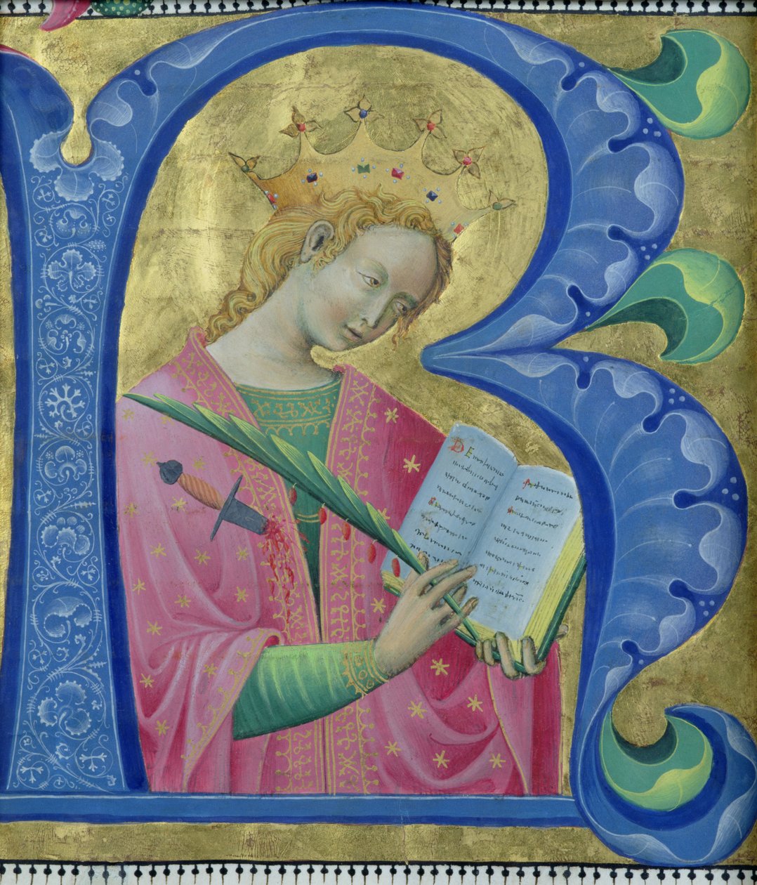 Belyst initial R, der viser Skt. Katarina af Alexandria, Lombardiets skole af Luchino Belbello