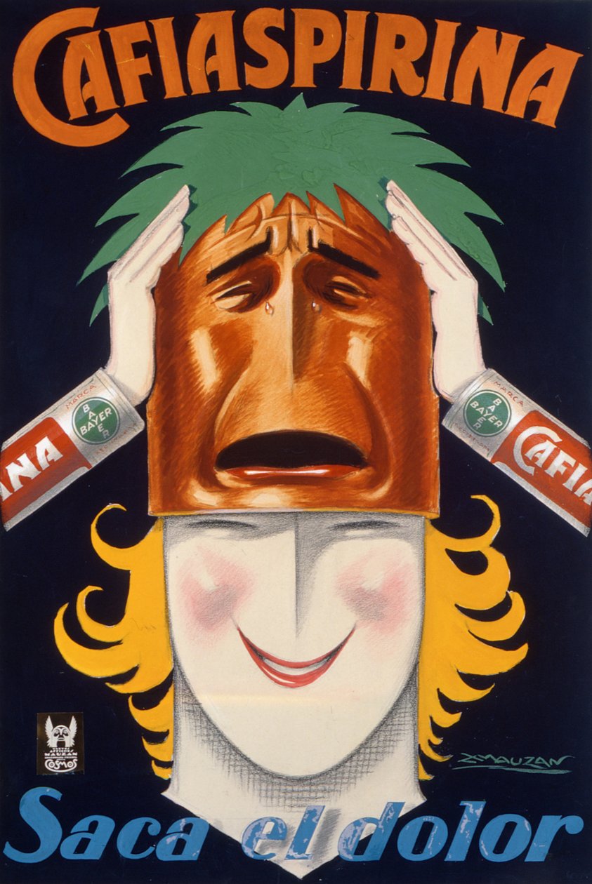 Plakat produceret i Argentina for at reklamere for Cafiaspirina aspirin (farve litho) af Luciano Achille Mauzan