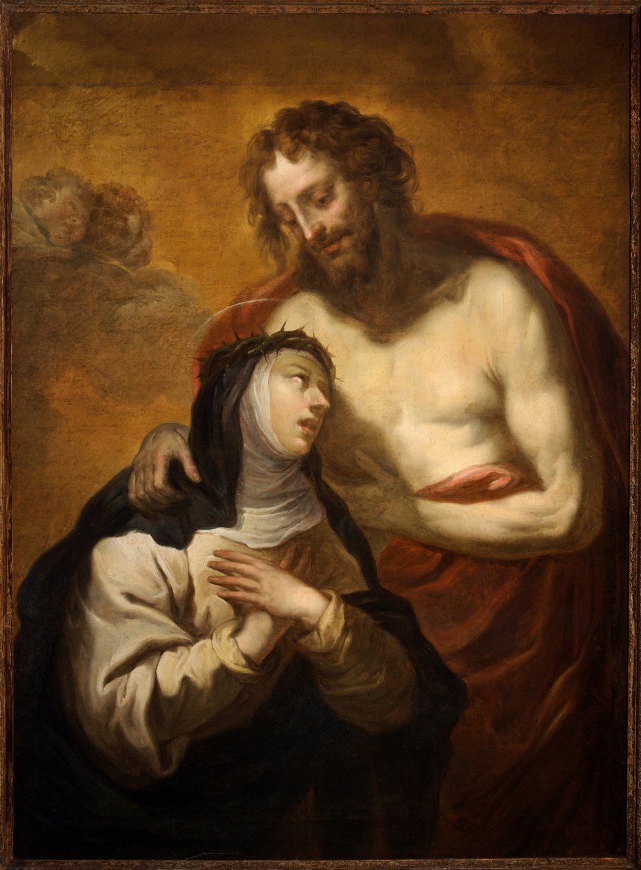 Kristi mystiske omfavnelse til den hellige Catherine af Siena, mystisk syn (olie på lærred) af Luciano Borzone