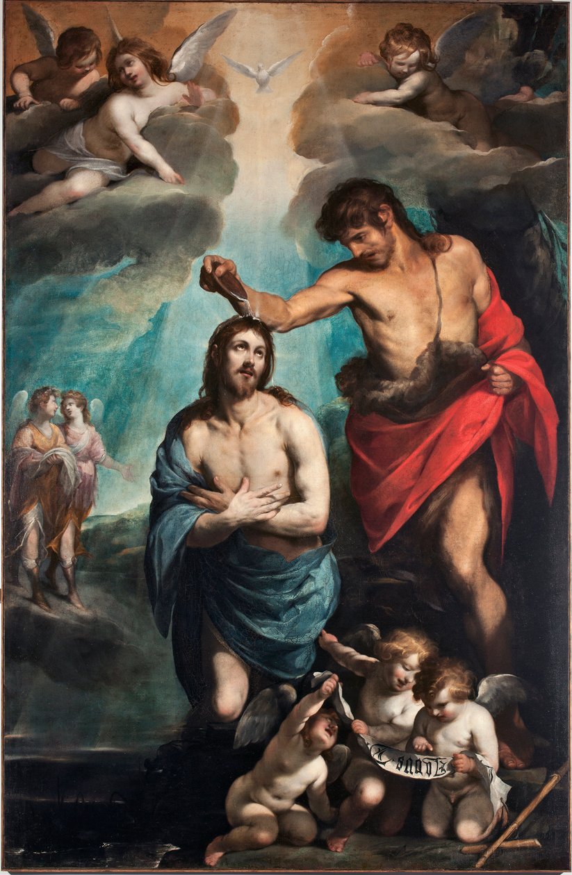 Kristi dåb Helligåndens due (Helligånden) over Jesus Kristus (Jesu dåb) Maleri af Luciano Borzone (1590-1645) 1600-tallets gener, Musei di Strada Nuova (ex Palazzo Bianco) Italien af Luciano Borzone