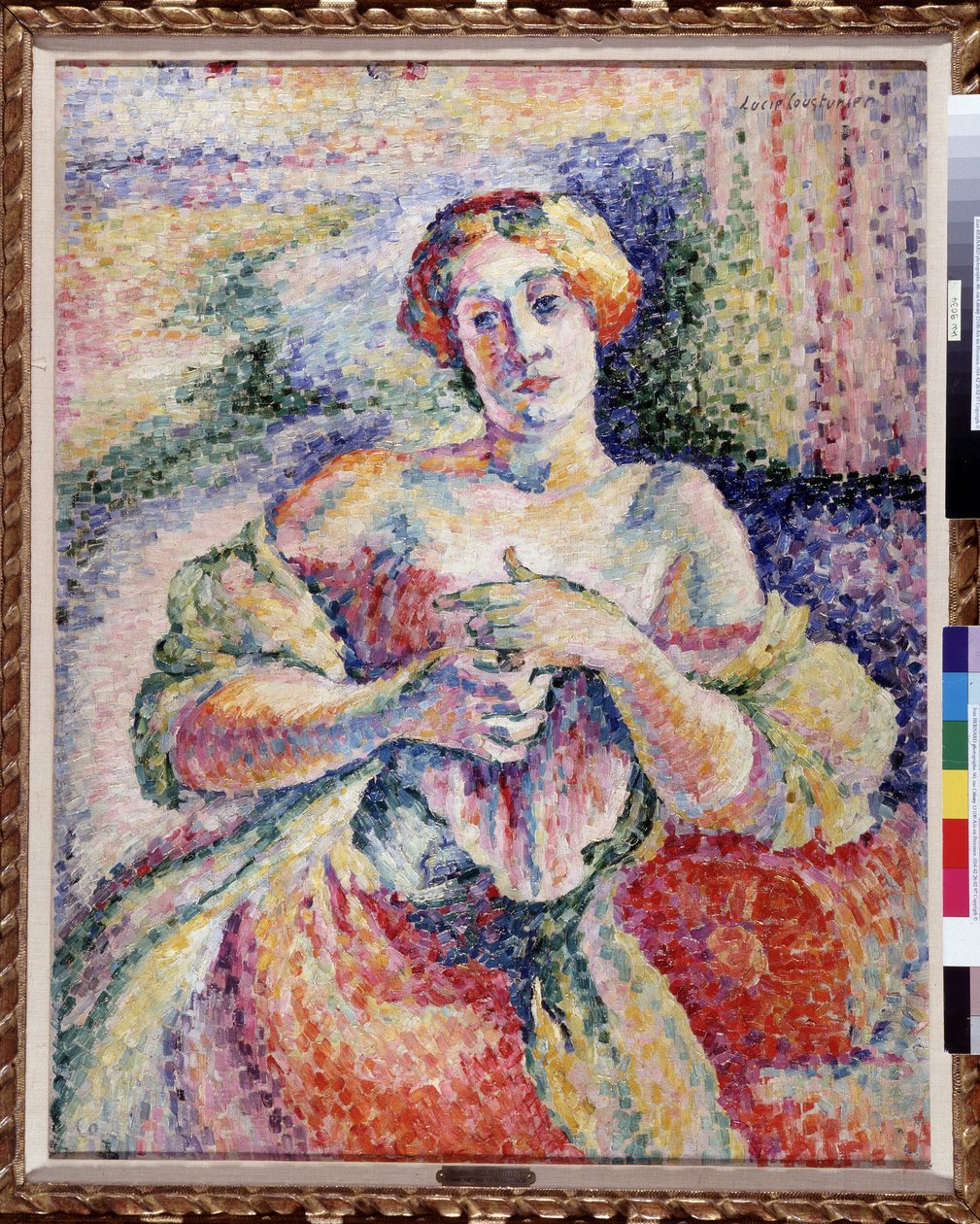Kvinde i pink og blå Ung elegante med denudees skulder. Maleri af Lucie Cousturier (1870-1925) 1908 Dim. 93x73 cm Obligatorisk omtale: Collection fondation regards de Provence, Marseille af Lucie Cousturier