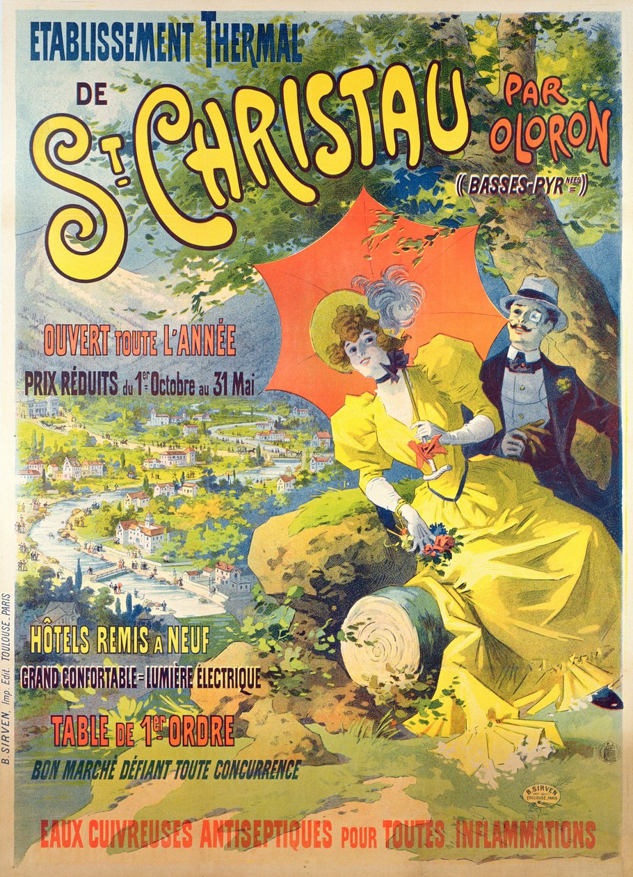 Plakat, der reklamerer for hotellet St Christau par Oloron, trykt af B. Sirven, Toulouse-Paris, ca. 1900 af Lucien Baylac