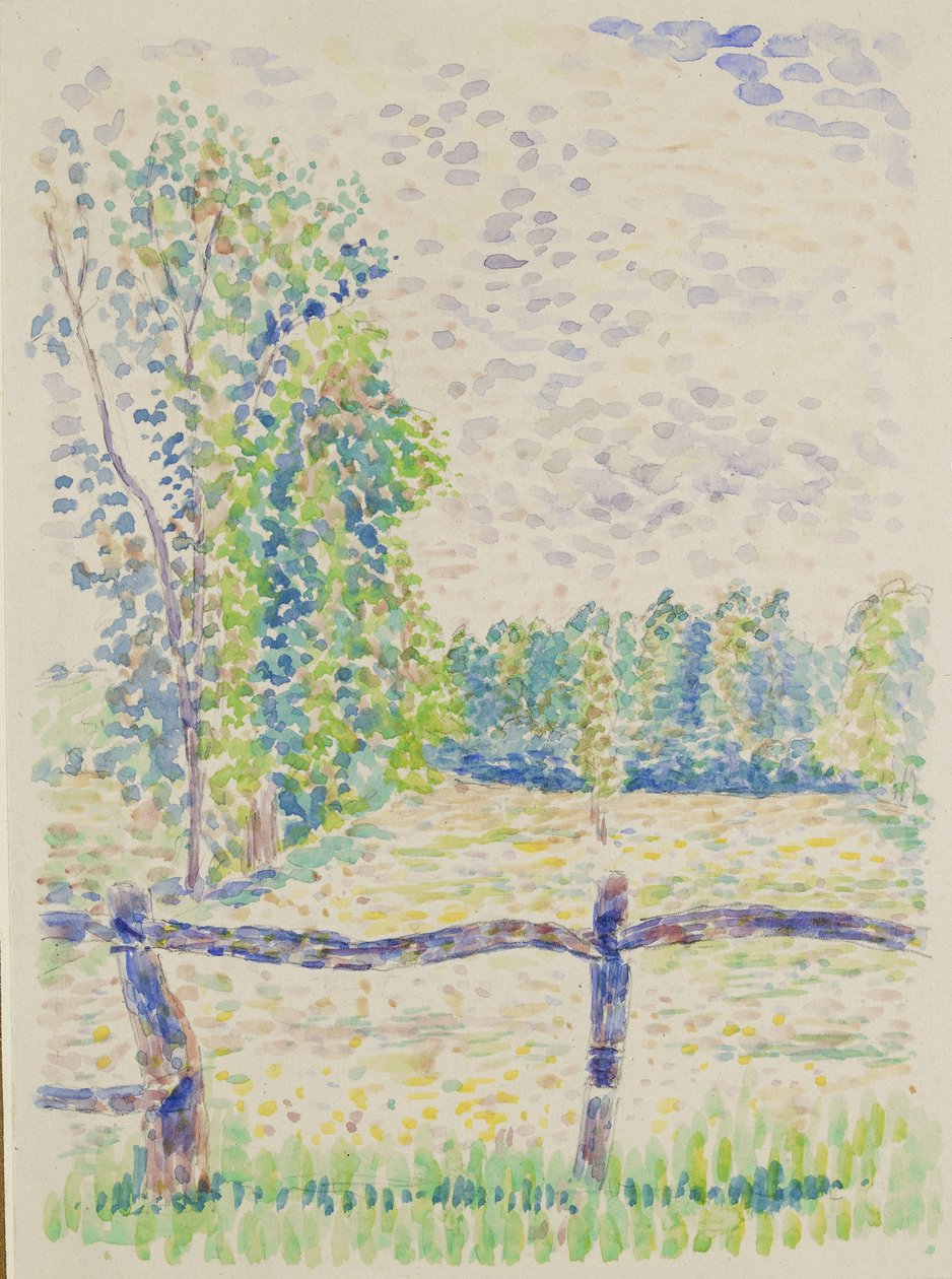 La Barrière, Eragny Meadows, ca. 1886 (akvarel over grafit på hvidt papir) af Lucien Pissarro