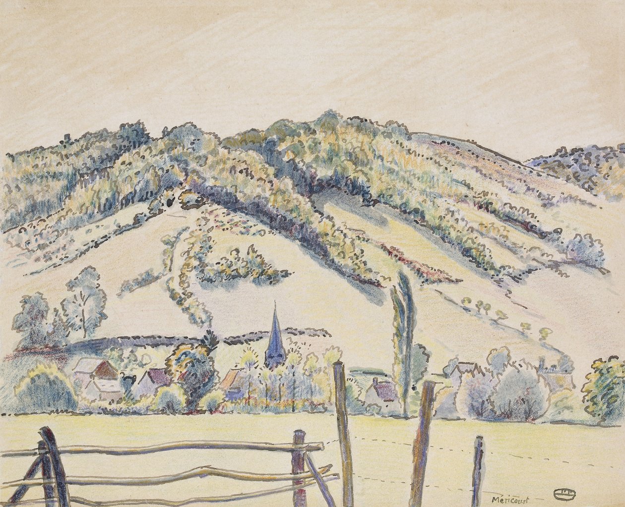 Méricourt, 1919 (pen og blæk og farvekridt på hvidt papir) af Lucien Pissarro