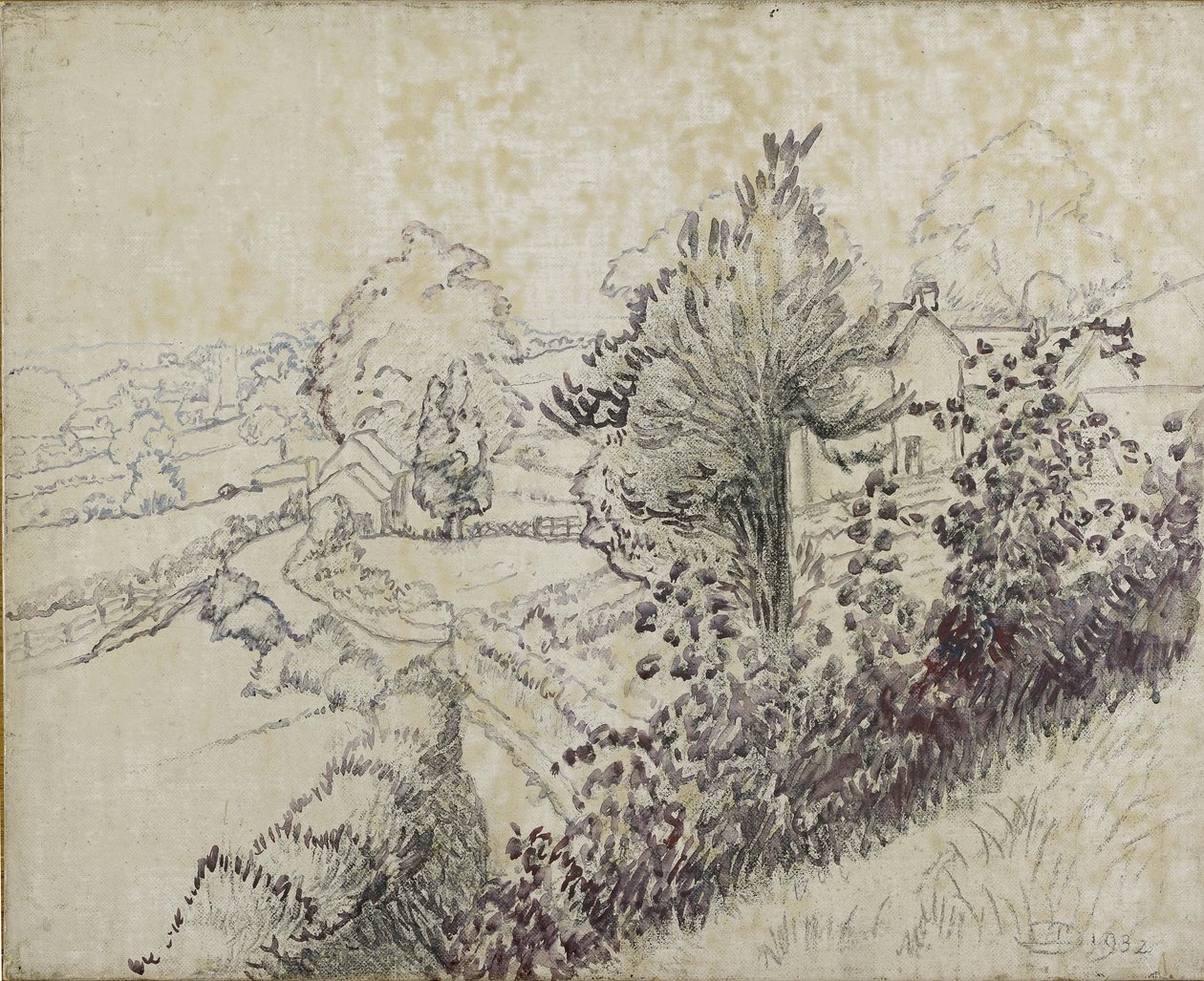 View of Leintwardine, 1932 (sort kridt og olievask på lærred lagt på plade) af Lucien Pissarro