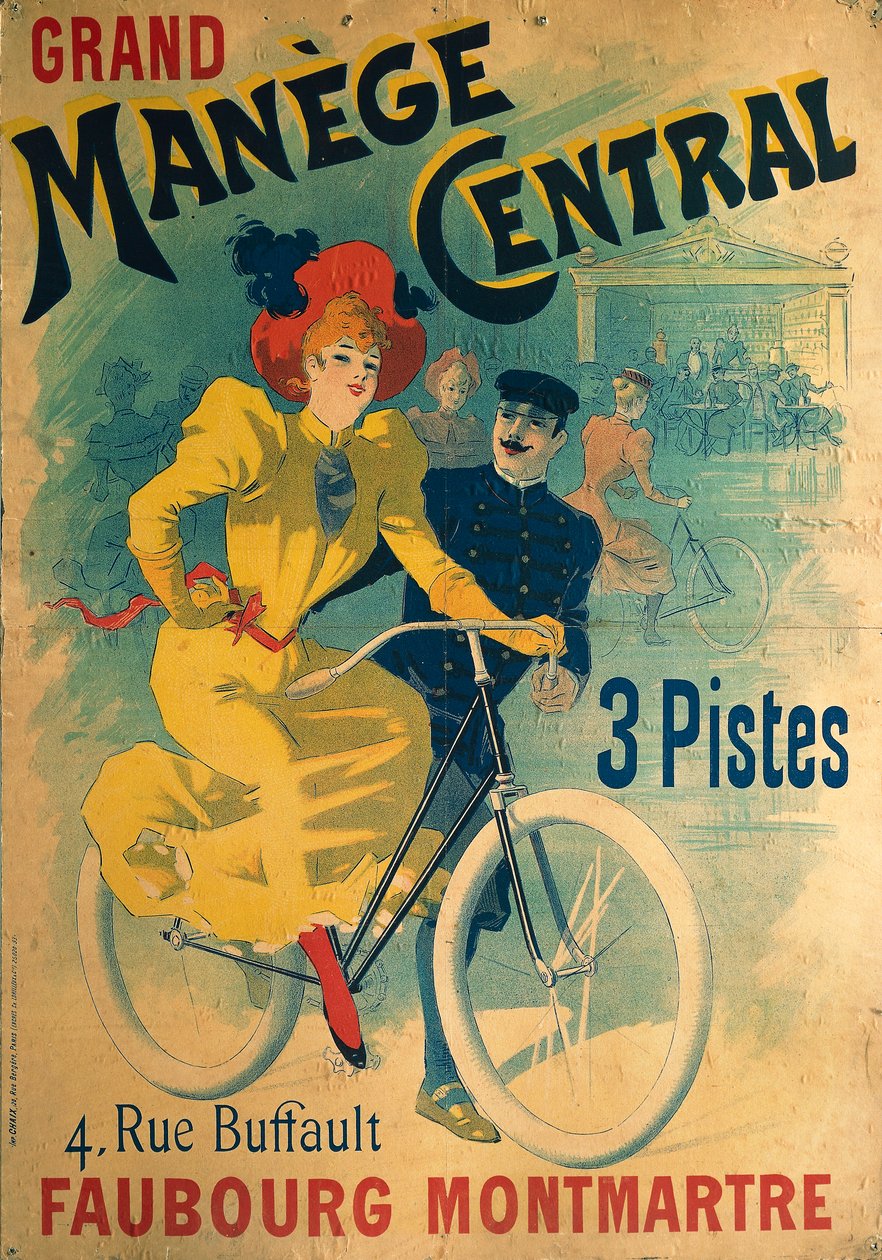 Grand Manege Central, reklameplakat for cykelsti, der forestiller kvinde på cykel af Lucien Baylac