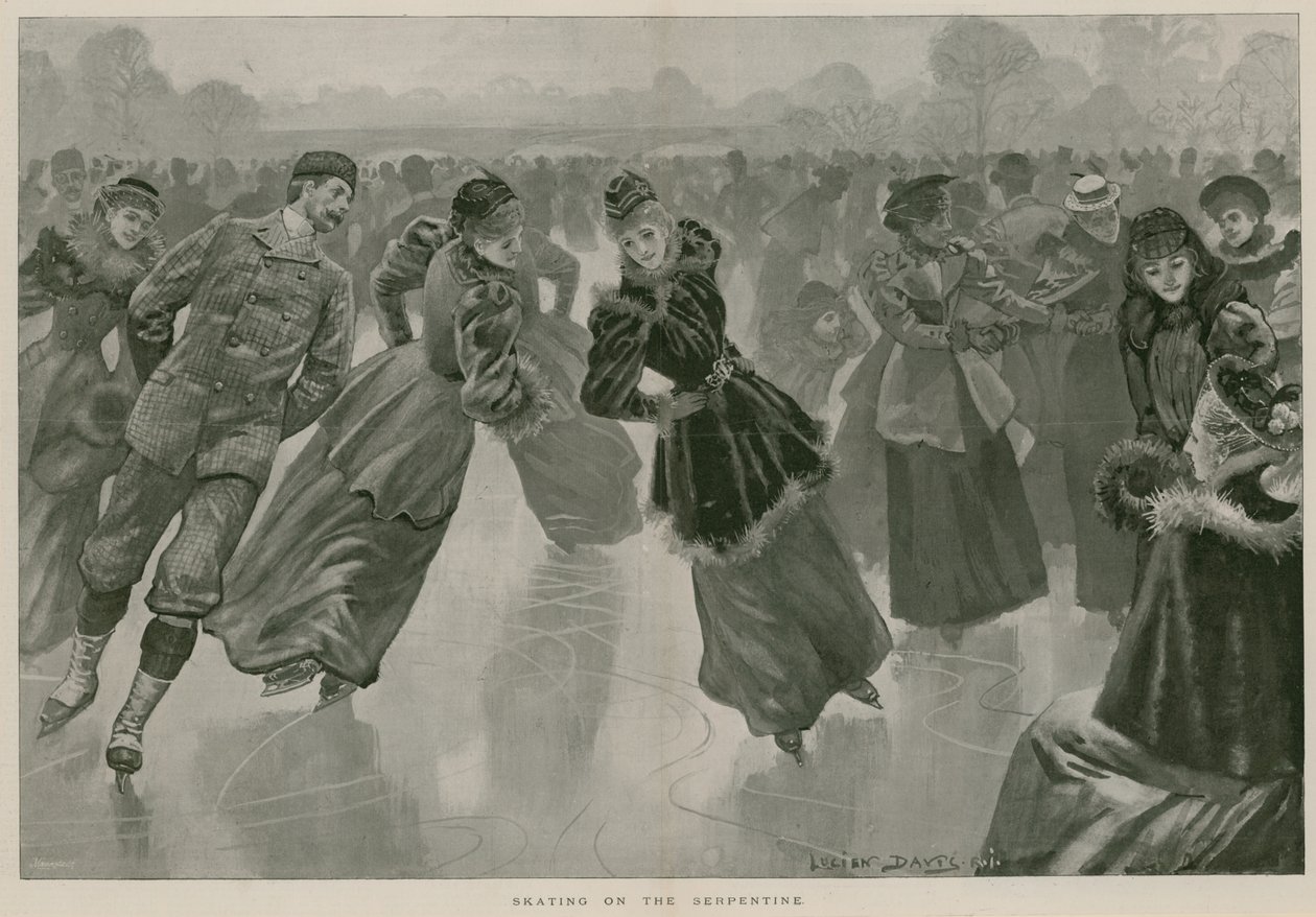 Skøjteløb på Serpentine, Hyde Park, London (kobberstik) af Lucien Davis