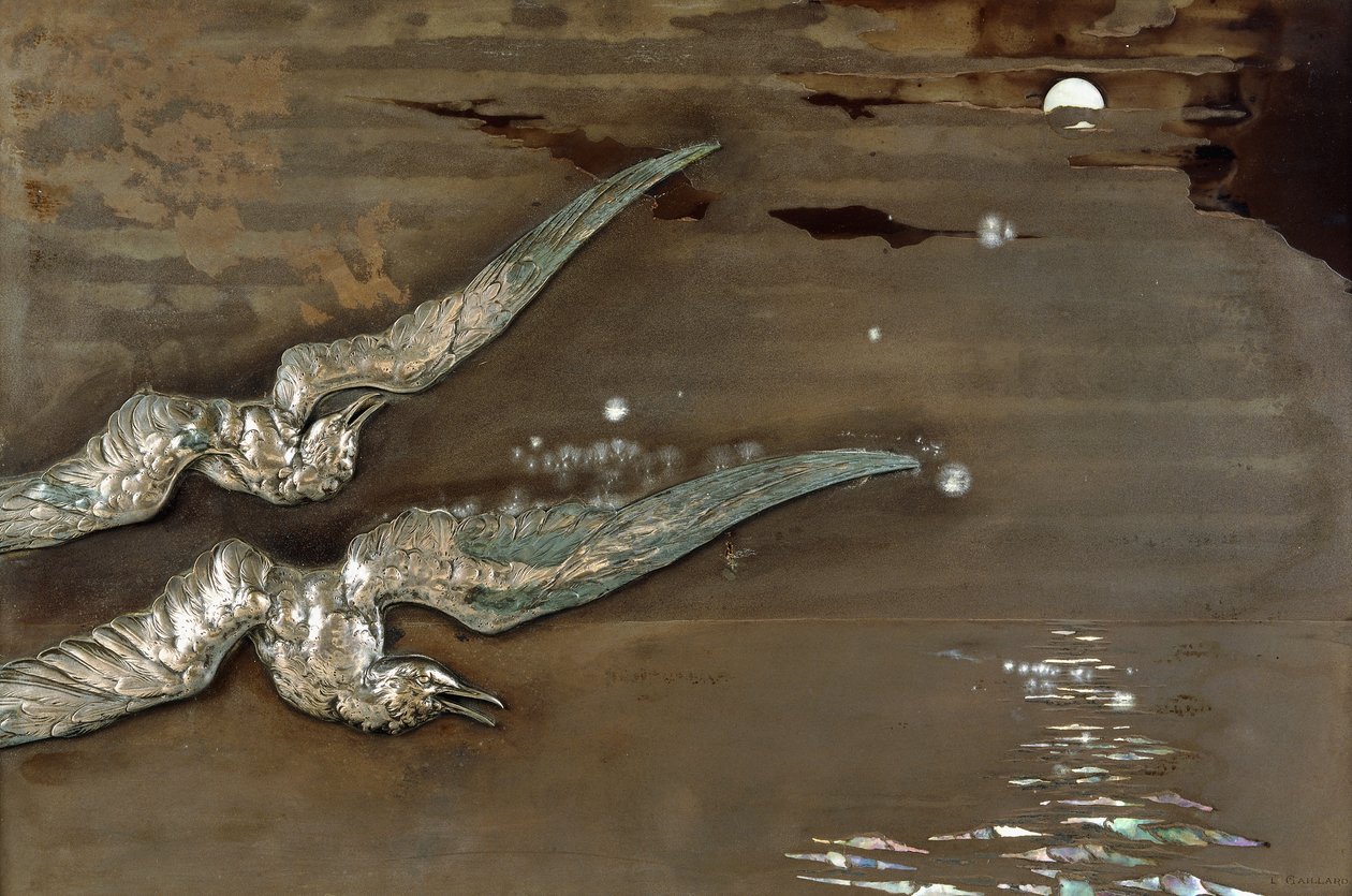 Et metallakpanel med påførte sølvmåger, ca. 1900 (metallakpanel, sølv) af Lucien Gaillard