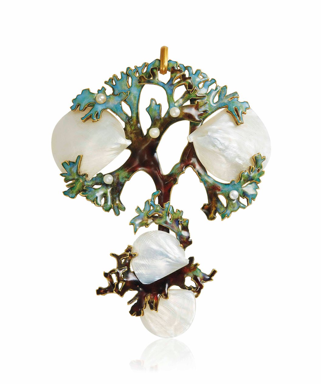 En art nouveau-perlemor-, emalje- og frøperlevedhæng, ca. 1900 af Lucien Gaillard
