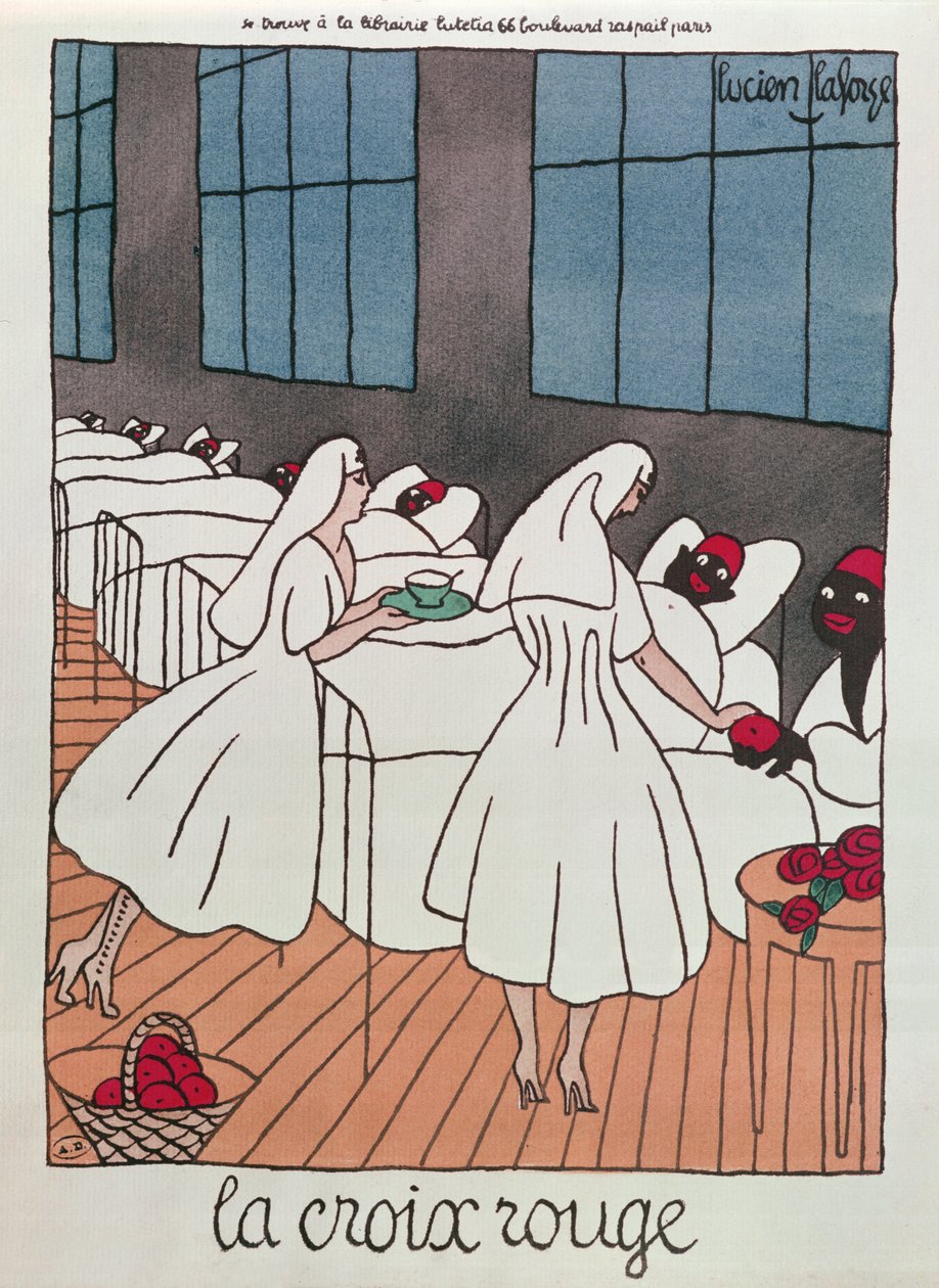 Røde Kors-sygeplejersker, der tager sig af sårede soldater under 1. Verdenskrig, ca. 1915 (farve litho) af Lucien Laforge