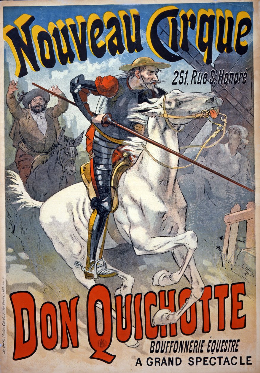 Annonce for "Nouveau Cirque" med "Don Quichotte, Bouffonnerie équestre", pub. 1892 (farve litho) af Lucien Lefevre
