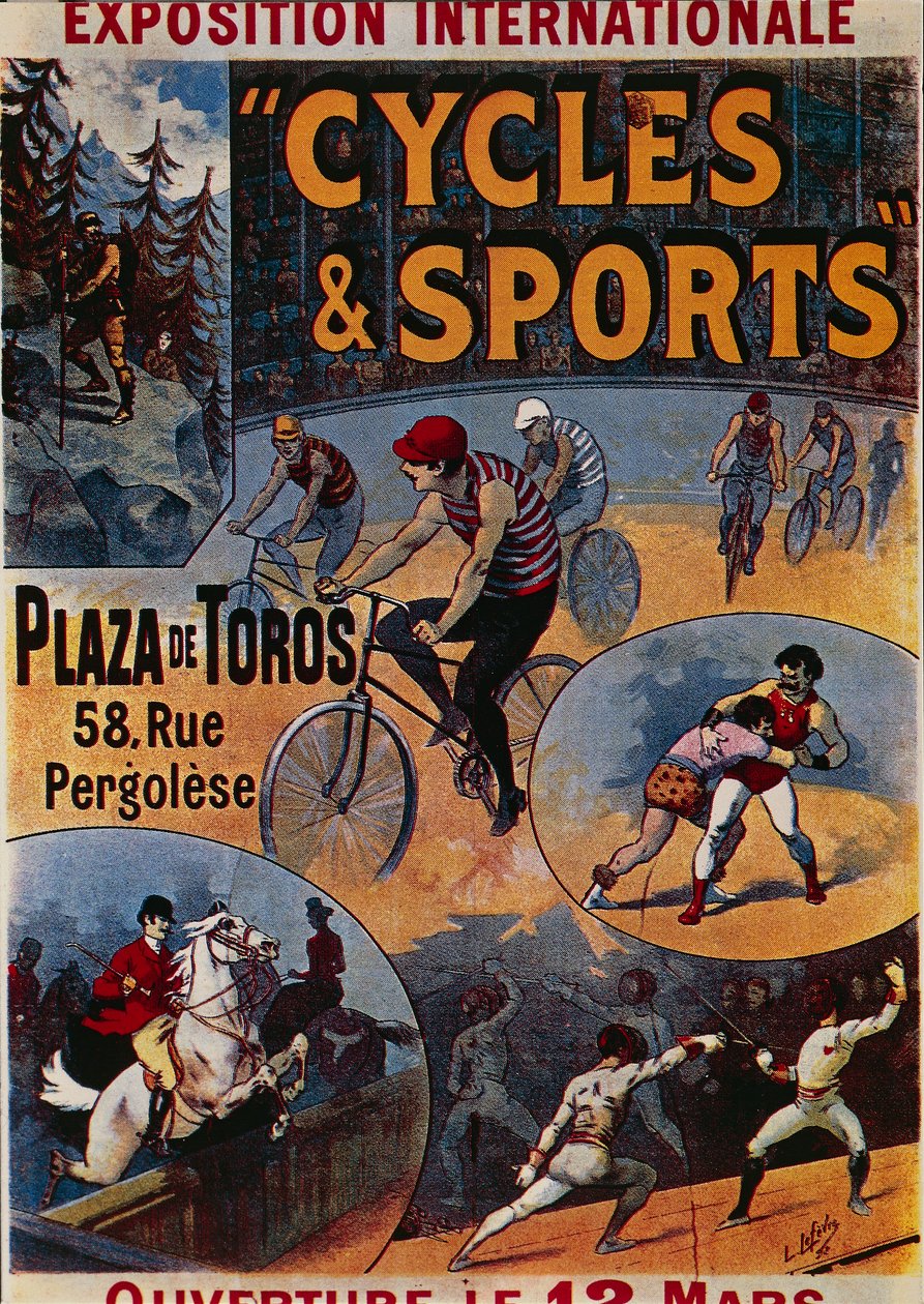 Exposition Internationale Cycles et Sports, reklame for international udstilling dedikeret til sport, illustration af Lucien Lefevre, plakat af Lucien Lefevre