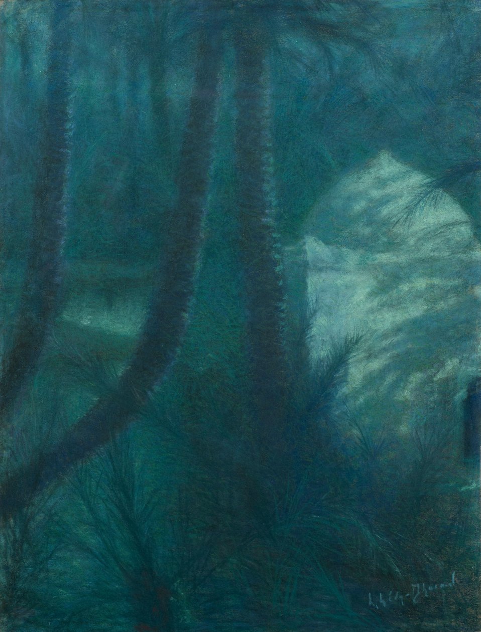 La Palmeraie, Marrakech, i måneskin (pastel på papir monteret på plade) af Lucien Levy Dhurmer