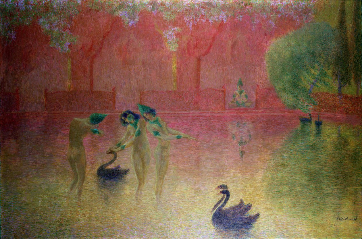Nymfer bader i et orientalsk landskab (olie på plade) af Lucien Levy Dhurmer