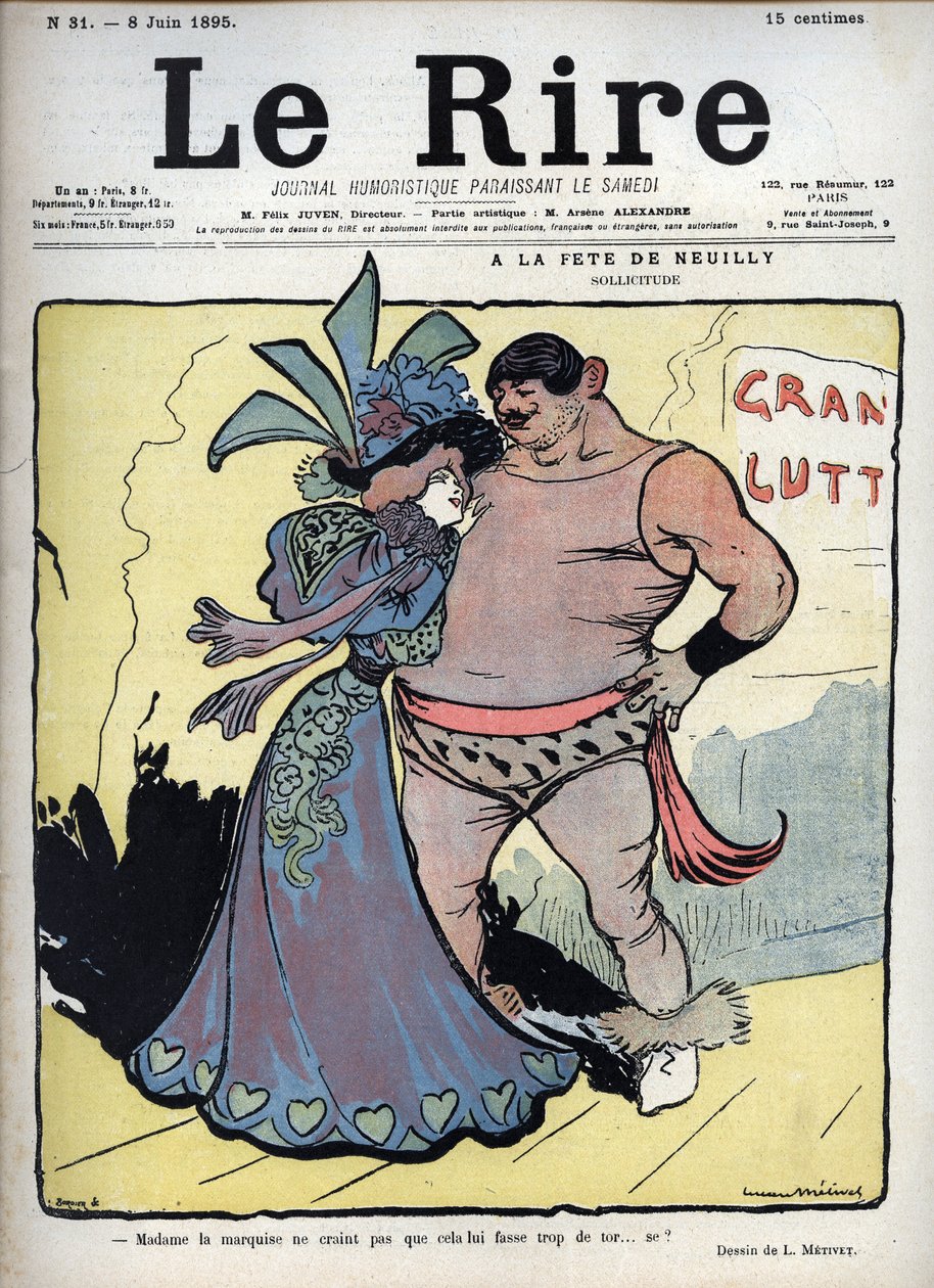 Ved festen i Neuilly: omsorg - en elegant klædt kvinde taler med en tegnebryder af Lucien Marie Francois Metivet (1863-1930) - latteren den 8. juni af Lucien Metivet