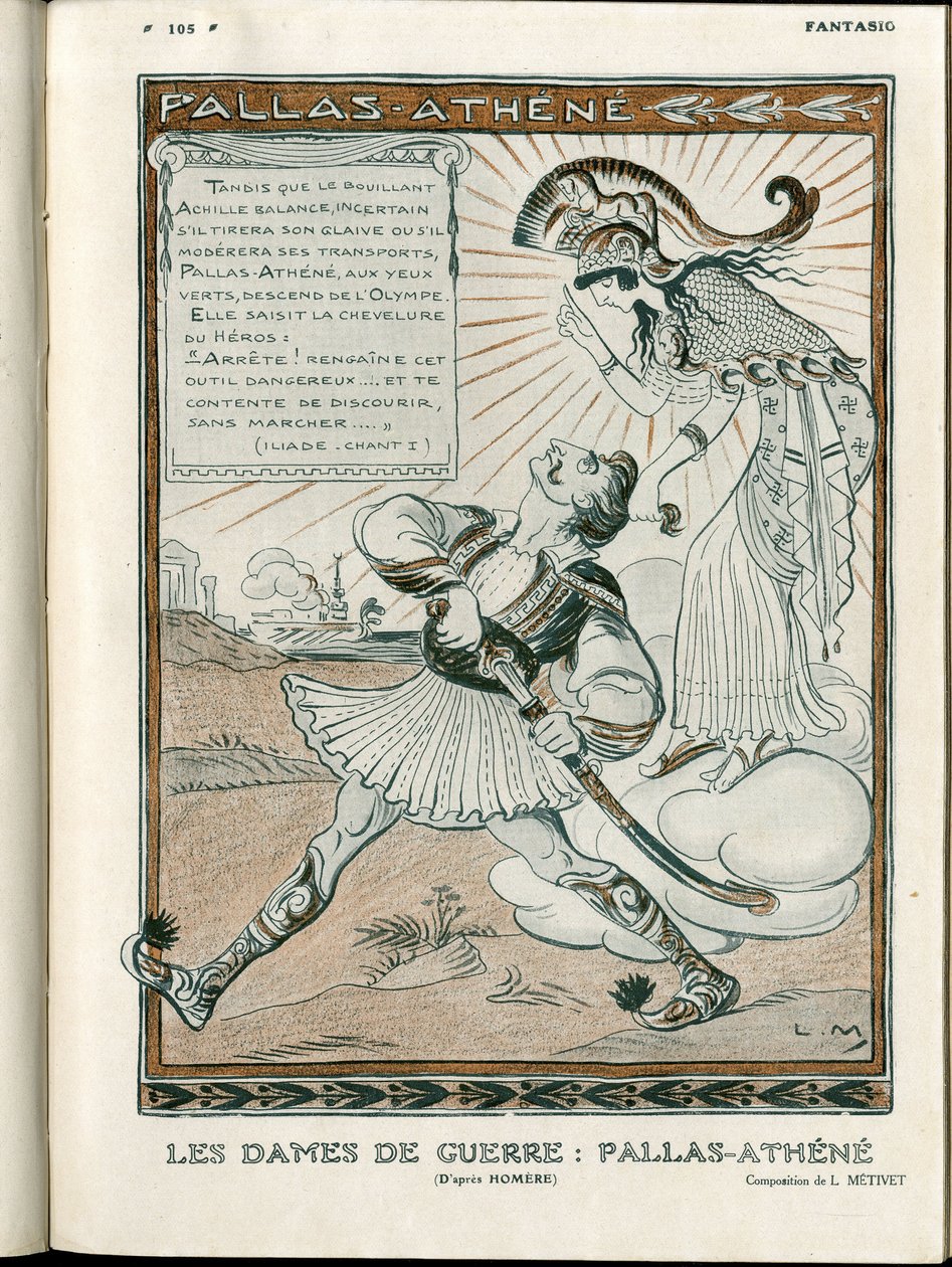 Illustration i "Fantasio", 01/04/15 - krigens kvinde Pallas-Athenee krig 14-18 (gravering) af Lucien Metivet