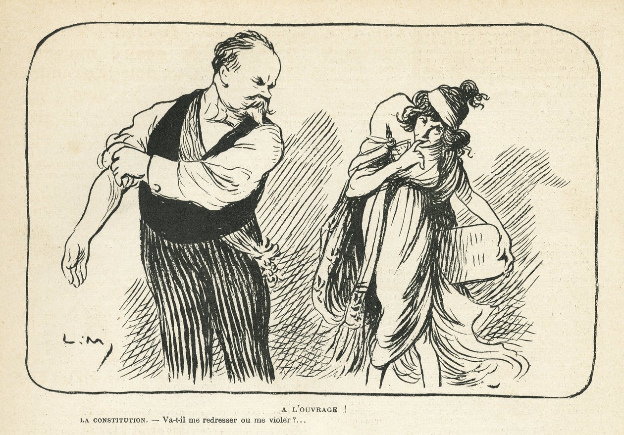 Illustration i Le Rire, 01/02/13 - På arbejde - Medicinsk, republikkens præsident, forfatning, voldtægt - Poincare Raymond - Fysiske deformationer (gravering) af Lucien Metivet