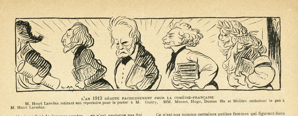 Illustration i Le Rire, 04/01/13 - året 1913... - Teater, Comedie francaise - Hugo Victor, Dumas Alexandre (søn), Lavedan Henri (1859-1940), Guitry Sacha, Musset Alfred, Moliere (gravering) af Lucien Metivet