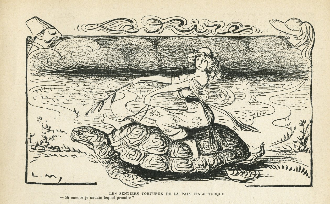 Illustration i Le Rire, 05/10/12 - Fredens snoede veje Italo tyrkisk - Krig, Tyrkiet, Italien, Fred - Skildpadde - Animation, Allegori (gravering) af Lucien Metivet