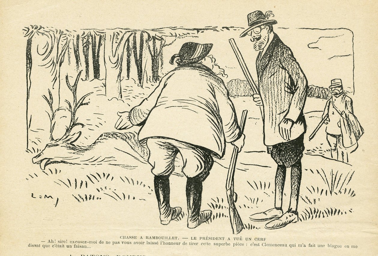Illustration i Le Rire, 05/12/08 - Jagt i Rambouillet - Naturvegetation, Jagtjæger, republikkens præsident, Rambouillet - Clemenceau Georges, Fallieres Armand (1841-1931), Hjorte af Lucien Metivet