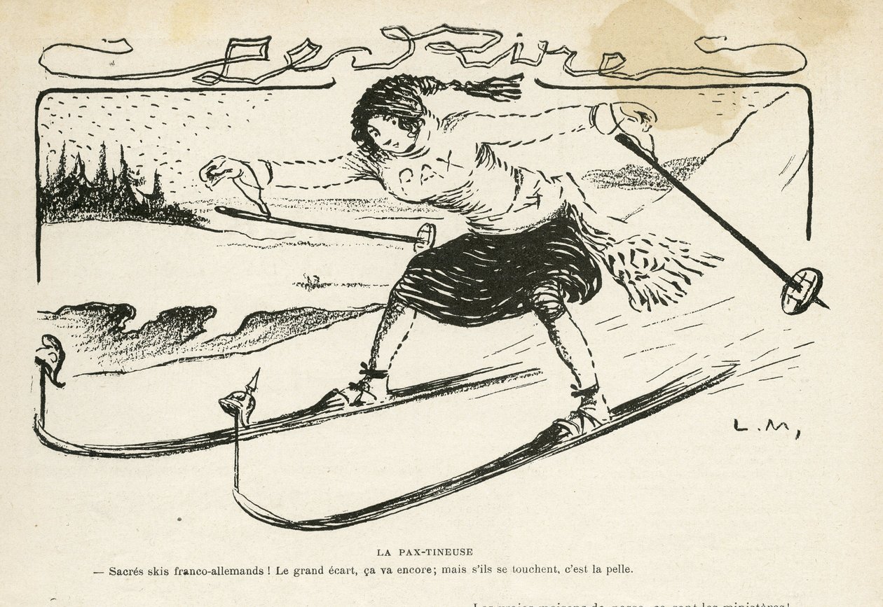 Illustration i Le Rire, 24/02/12 - La pax-tineuse - Tyskland Preussen, Sport, Fred, Ski, Sne, Fransk-tyske forhold, Første Verdenskrig - Marianne - Sport, Allegorie (gravering) af Lucien Metivet