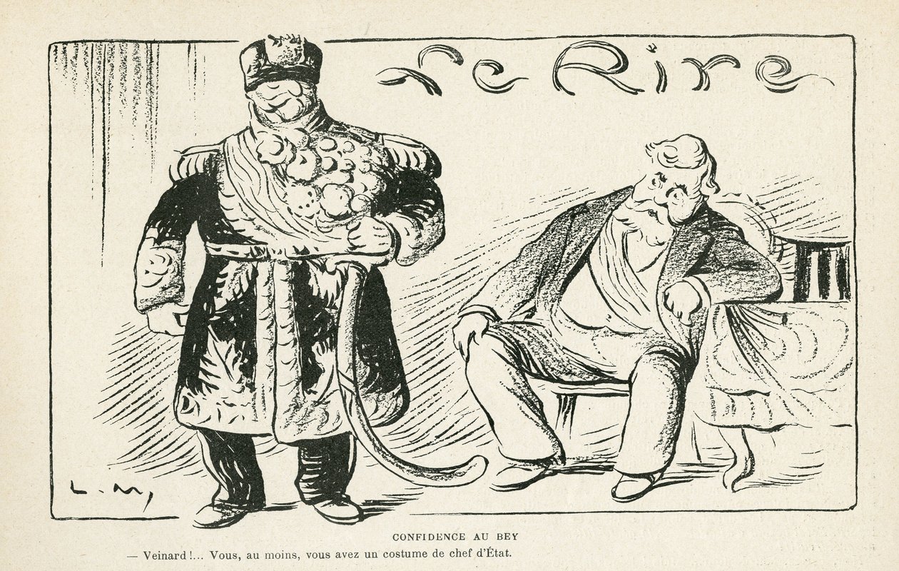 Illustration i Le Rire, 27/07/12 - Tillid til beyen - Kolonisering - Fallieres Armand (1813-1941), Naceur Bey (Mohamed el-Naceur Bey) (1855-1922) (gravering) af Lucien Metivet