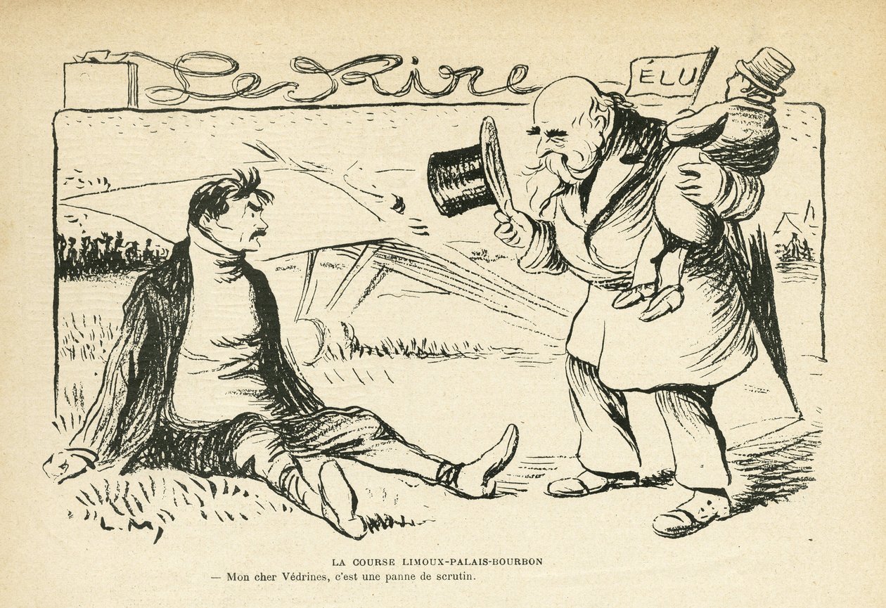 Illustration i Le Rire, 30/03/12 - Limoux-Palais-Bourbon-løbet - Valg, Luftfart - Vedrines Jules (1881-1919) (gravering) af Lucien Metivet