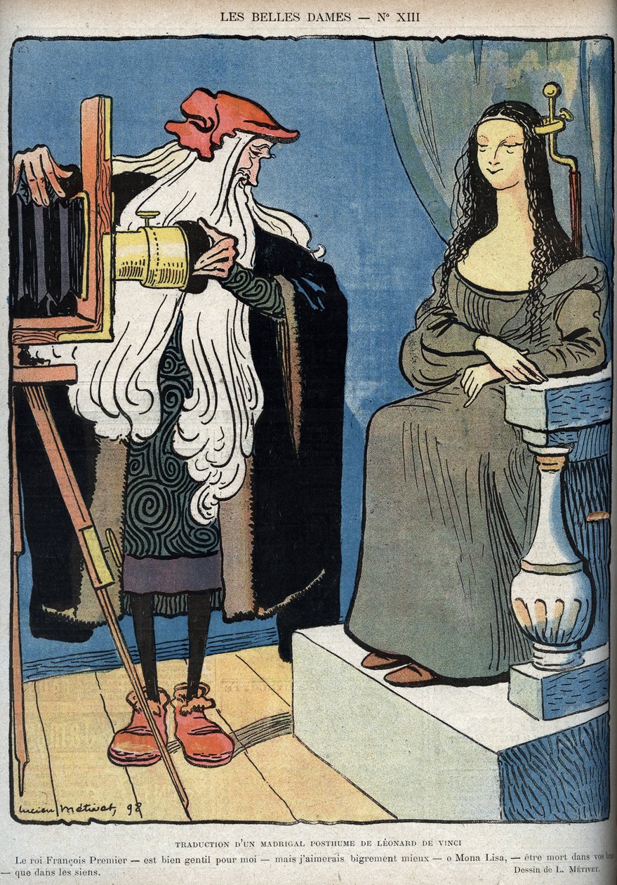 Mona Lisa - La Gioconda - (Mona Lisa sidder - Leonardo Da Vinci (Leonard de Vinci) kæmper med et kamera. Leonardo siger, at Kong Francois 1 er meget god for ham, men at han stræbte efter at dø i Mona Lisas arme snarere end ki