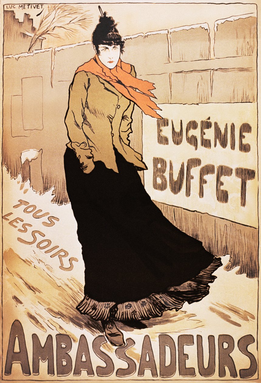 Vintage plakat af den franske sangerinde Eugenie Buffet, der går i sneen af Lucien Metivet