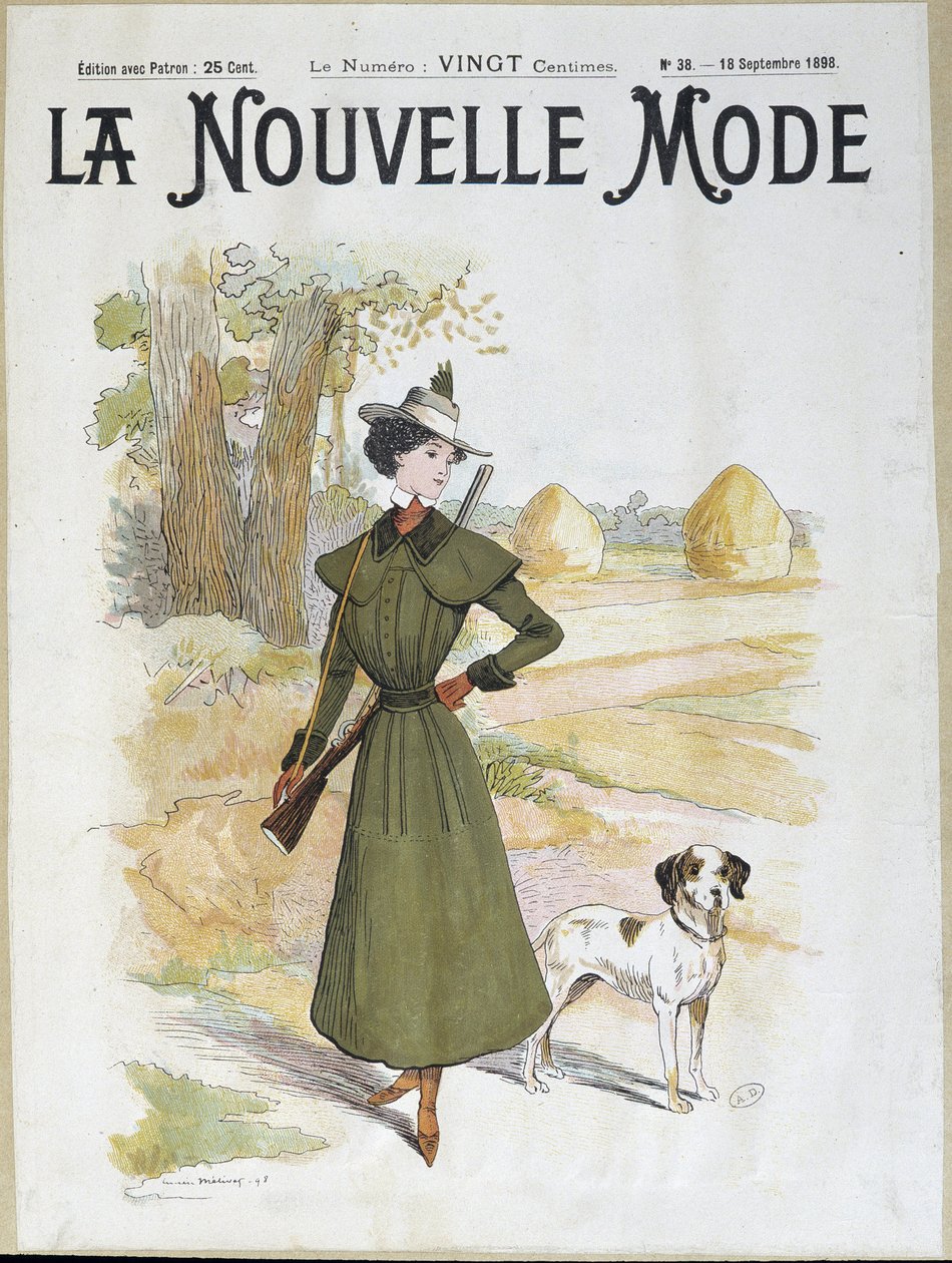 Kvinde i jagtdragt iført riffel - i "" La Nouvelle Mode"" fra sept. 1898 af Lucien Metivet