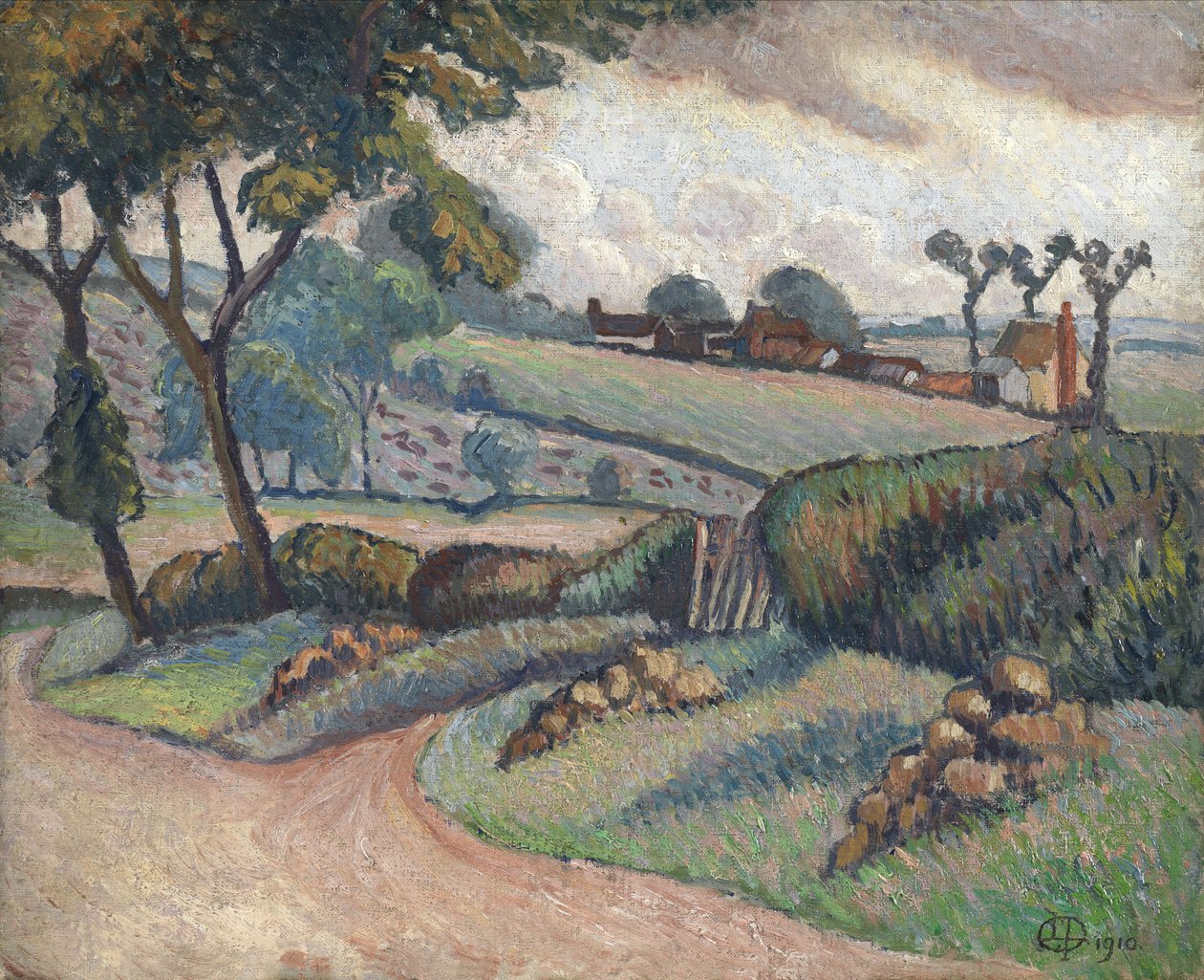 Duton Hill, Essex, 1910 (olie på lærred lagt om bord) af Lucien Pissarro