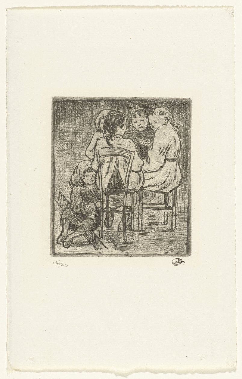 En gruppe på fem siddende piger af Lucien Pissarro