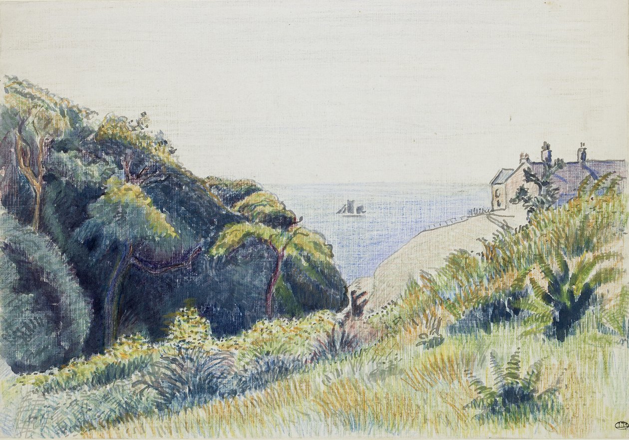 The Coastguards House, Ecclesbourne, 1918 (pen og grå blæk og farvekridt på struktureret papir) af Lucien Pissarro