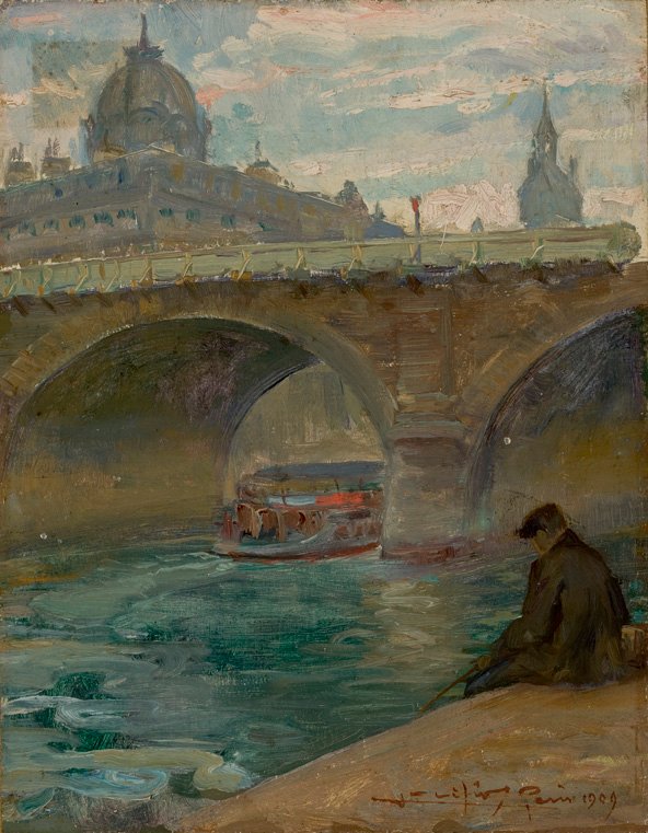 Seine Rivern French: Notre-Dame-broen i Paris med kuplen til handelsretten i baggrunden Portugues: O Senan af Lucilio de Albuquerque