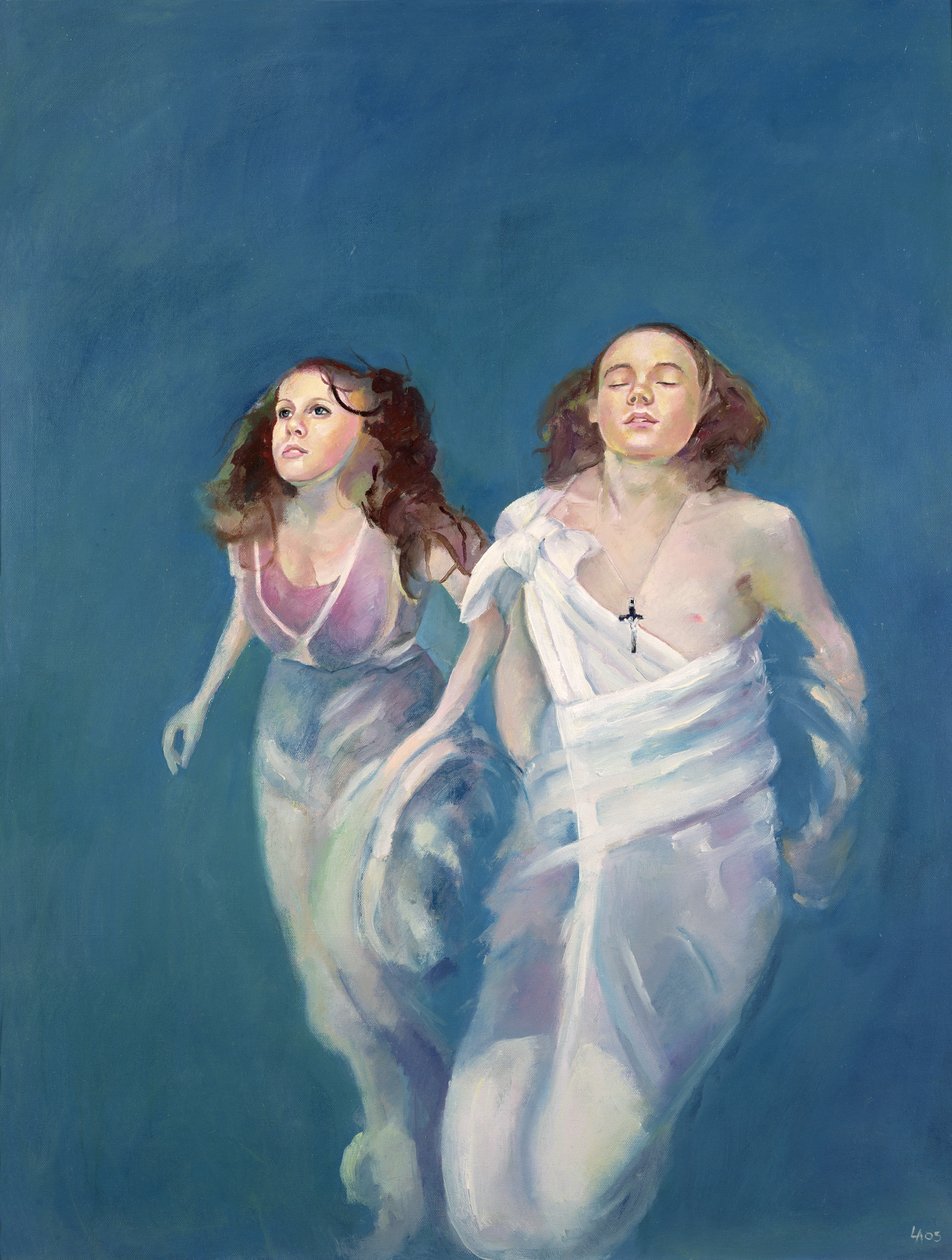 En dreng og en pige flyder, 2004 (olie på lærred) af Lucinda Arundell