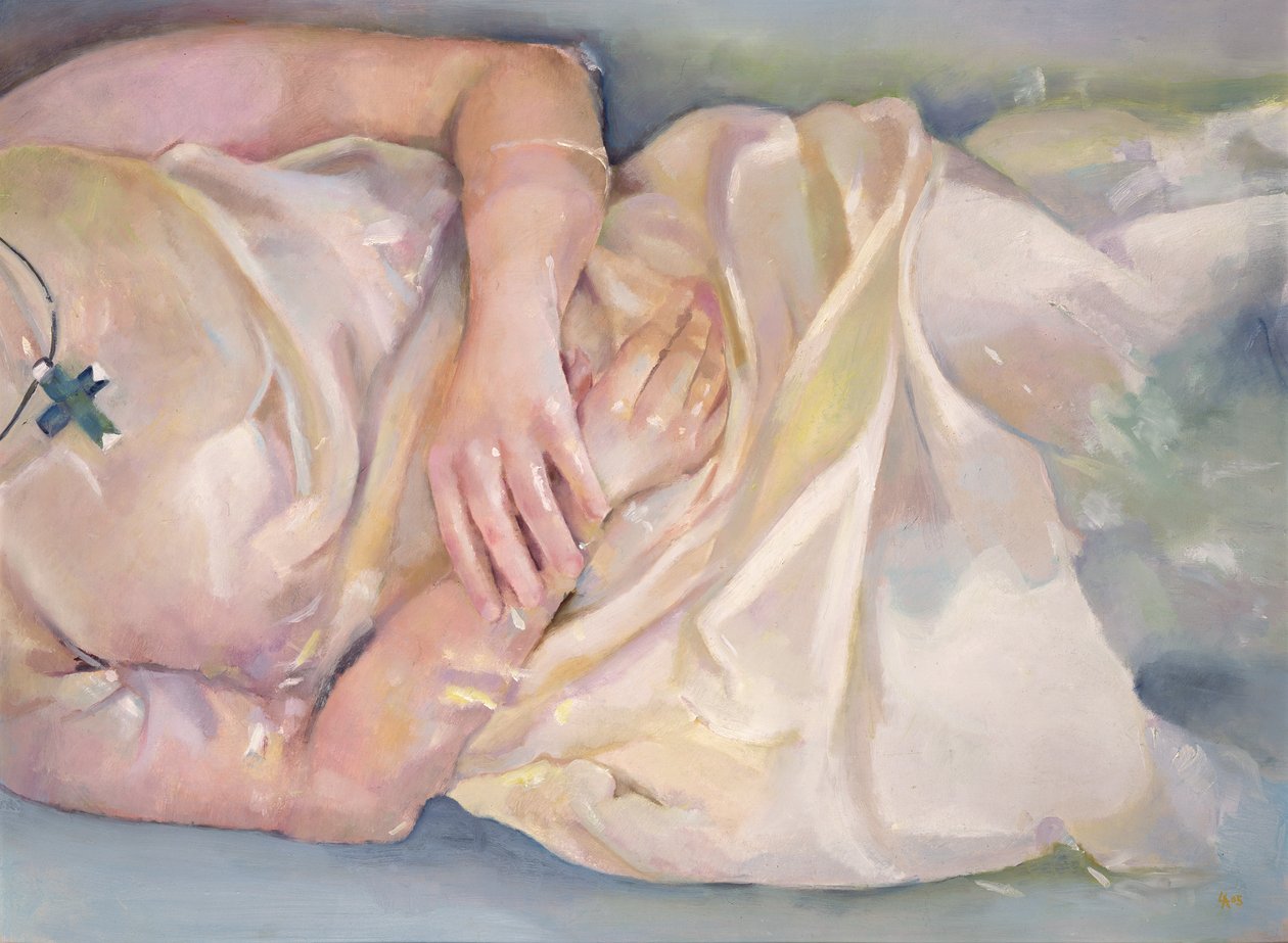 Krydsede hænder, 2004 (olie på plade) af Lucinda Arundell