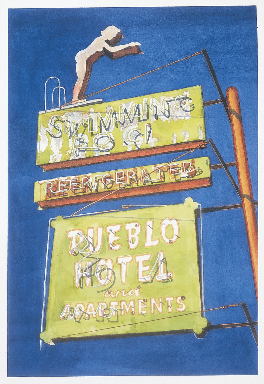Pueblo Hotel, 2001 (wc på papir) af Lucy Masterman