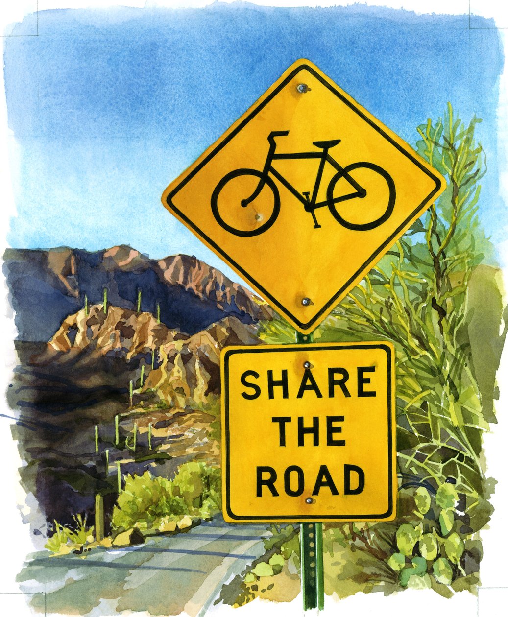 Share the Road, Gates Pass, 2004 (wc på papir) af Lucy Masterman