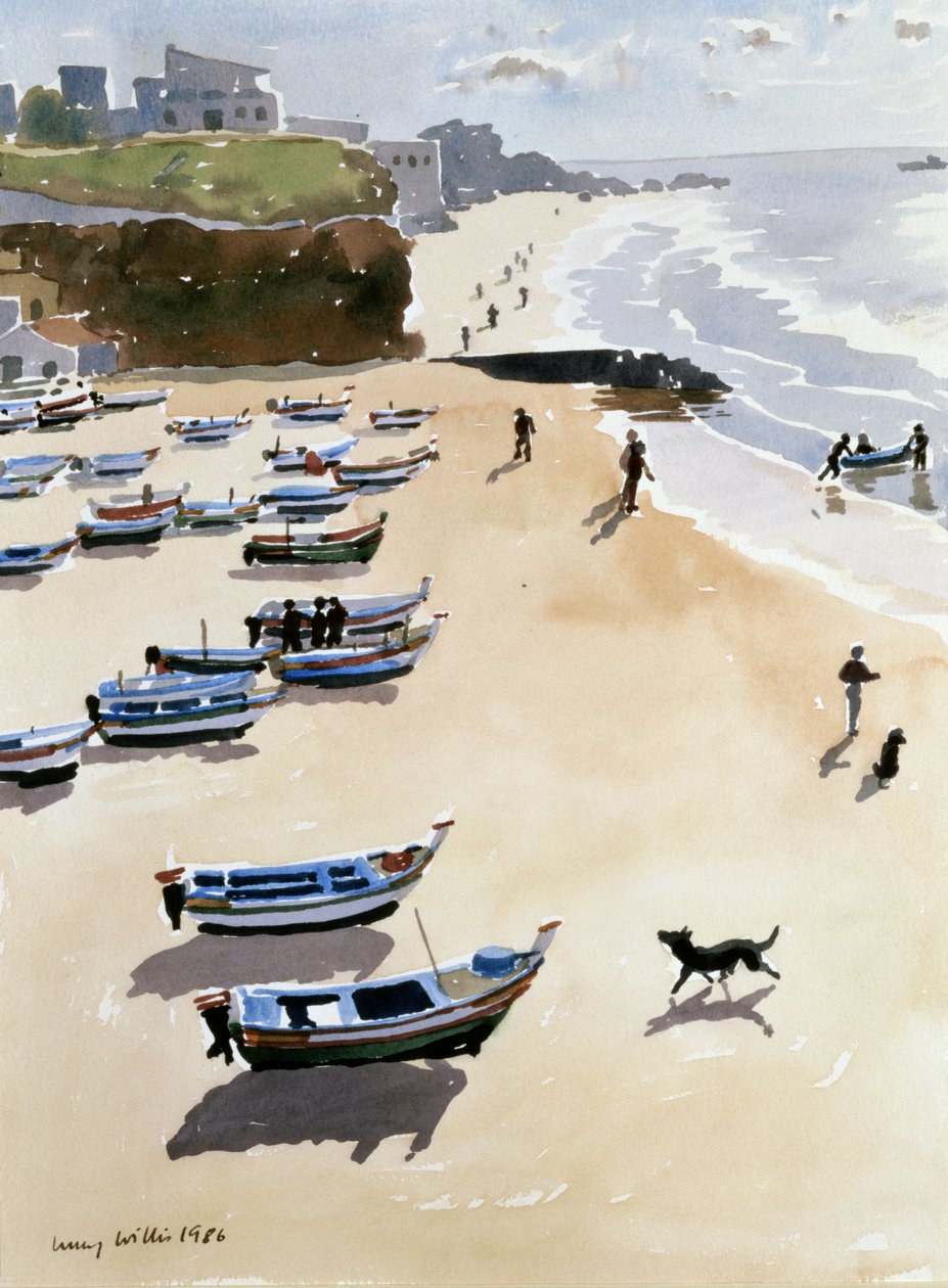 Boats on the Beach, 1986 (akvarel på papir) af Lucy Willis