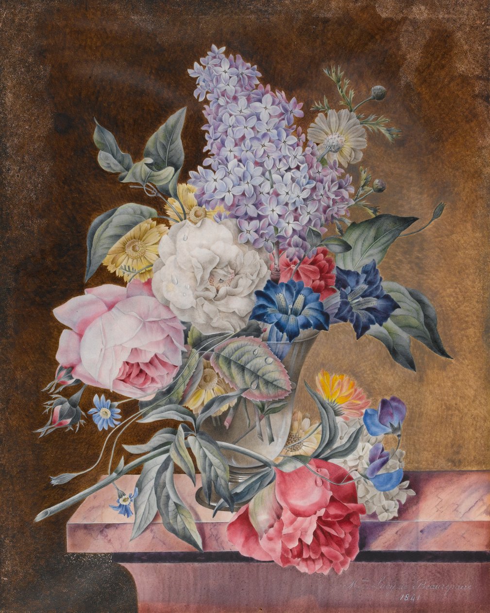 Vase med blomster, herunder en rose og syren på en marmorkant, 1841 (wc und bodycolour på pergament) af Lucy de Beaurepaire