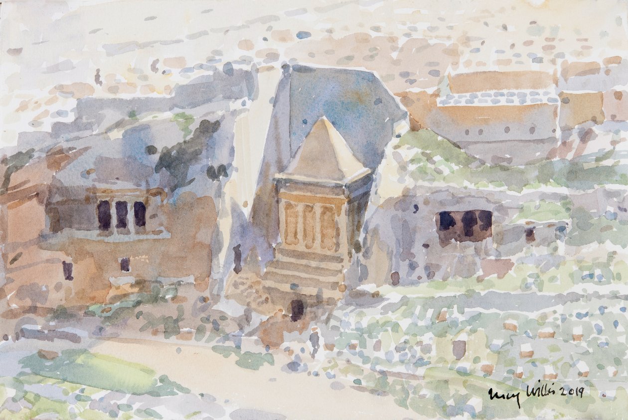Gamle grave i Kidron Valley, Jerusalem, 2019 (w/c på papir) af Lucy Willis