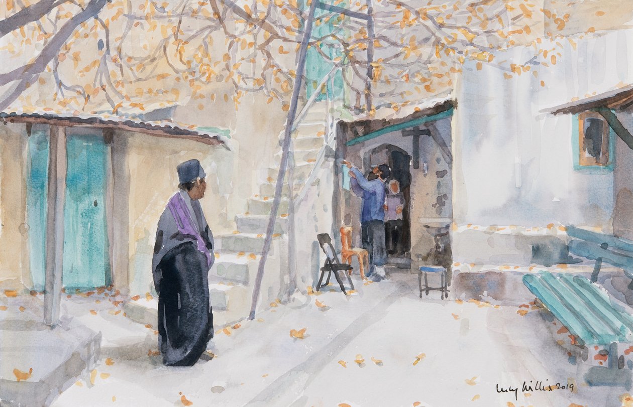 Etiopiere på Den Hellige Gravs Kirke, Jerusalem, 2019 (w/c på papir) af Lucy Willis