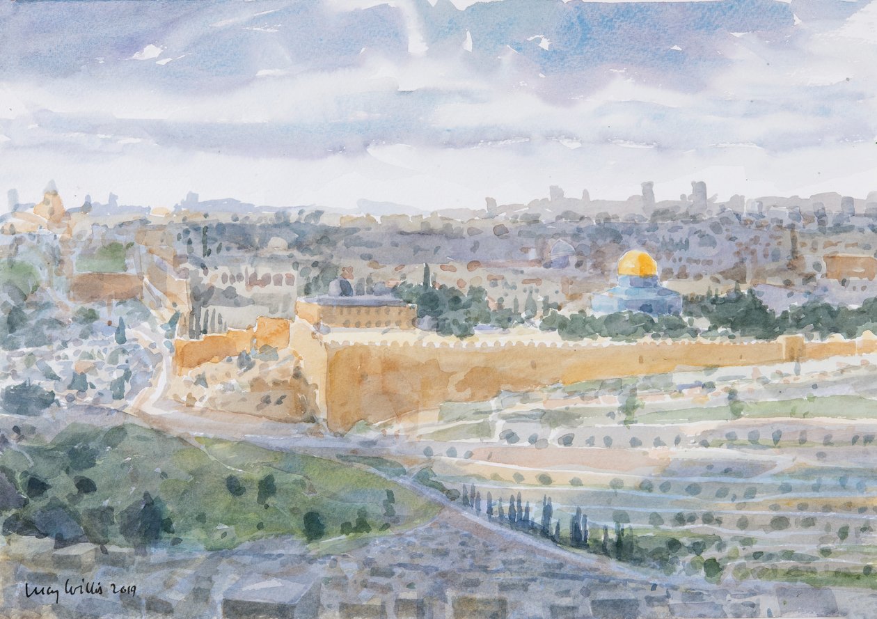 Jerusalem fra Oliebjerget, 2019 (w/c på papir) af Lucy Willis