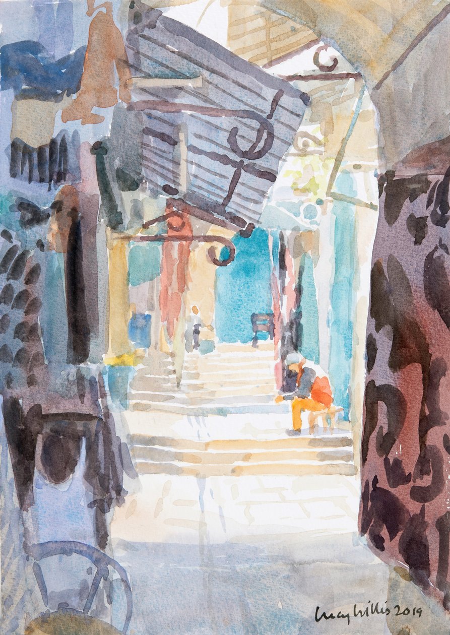 Market Steps, Old Jerusalem, 2019 (w/c på papir) af Lucy Willis