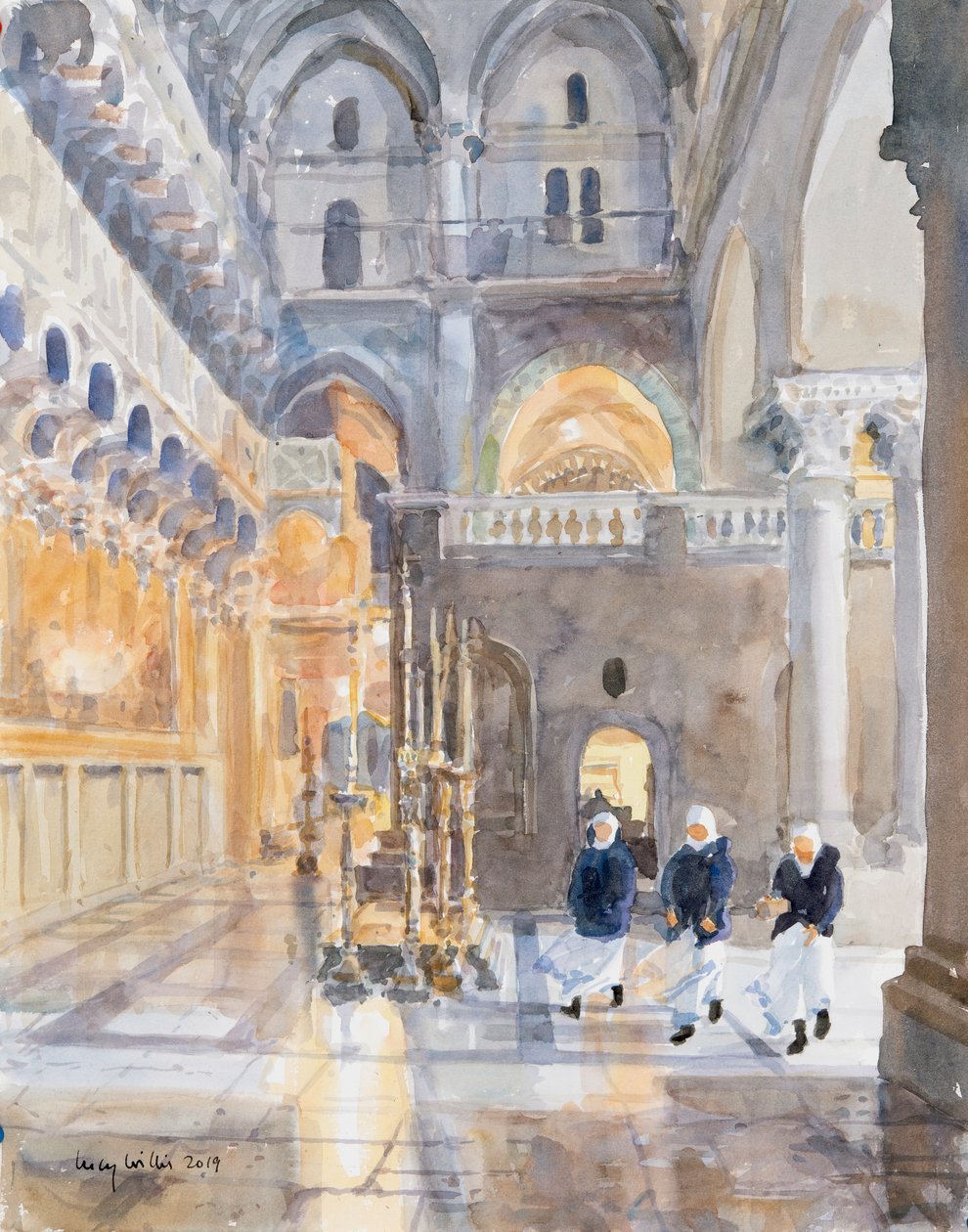 Nybegyndere i Den Hellige Gravs Kirke, Jerusalem, 2019 (w/c på papir) af Lucy Willis