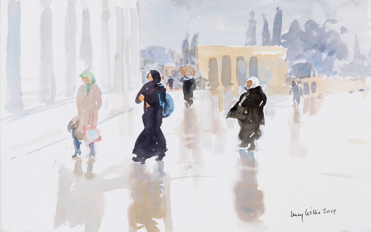 Pilgrimme på Tempelbjerget, Jerusalem, 2019 (w/c på papir) af Lucy Willis