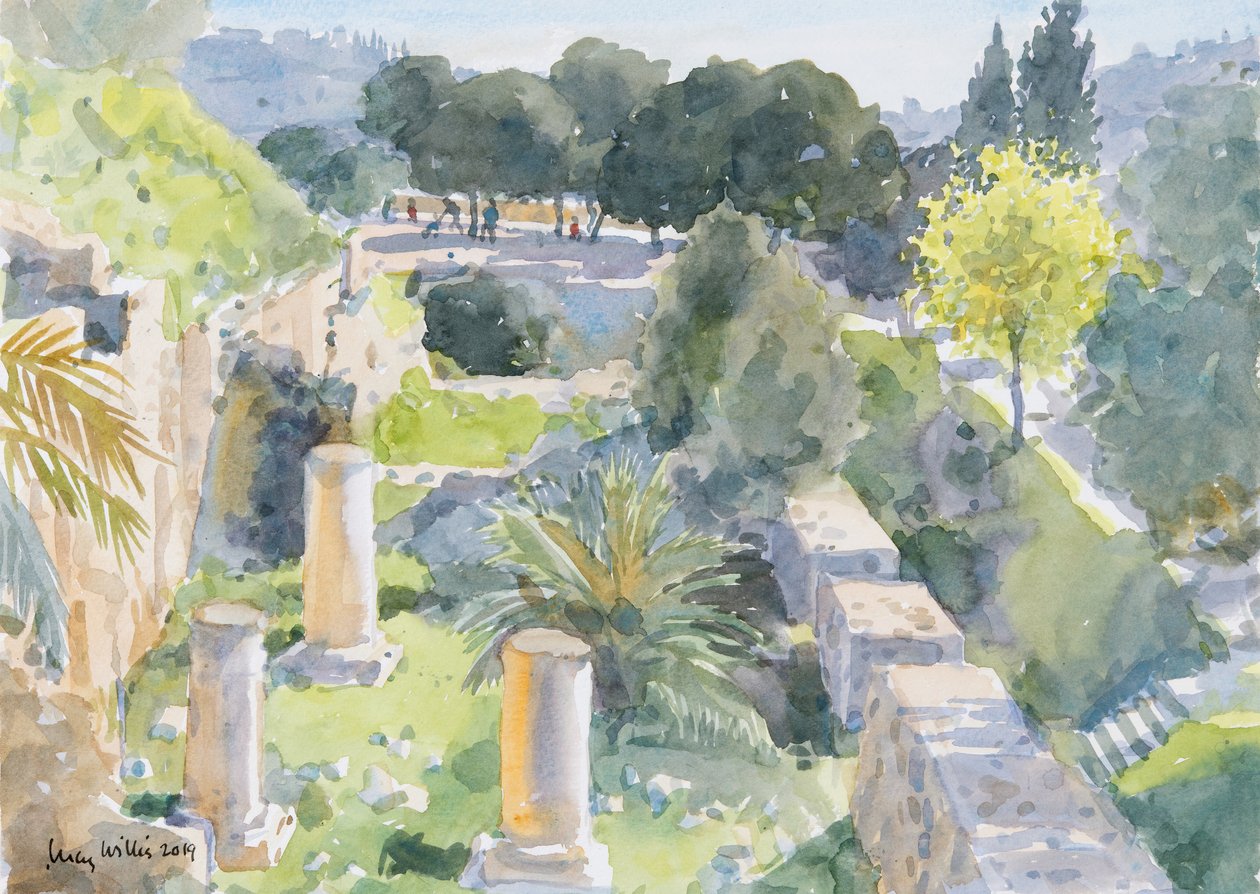 Romerske søjler, Old Jerusalem, 2019 (w/c på papir) af Lucy Willis
